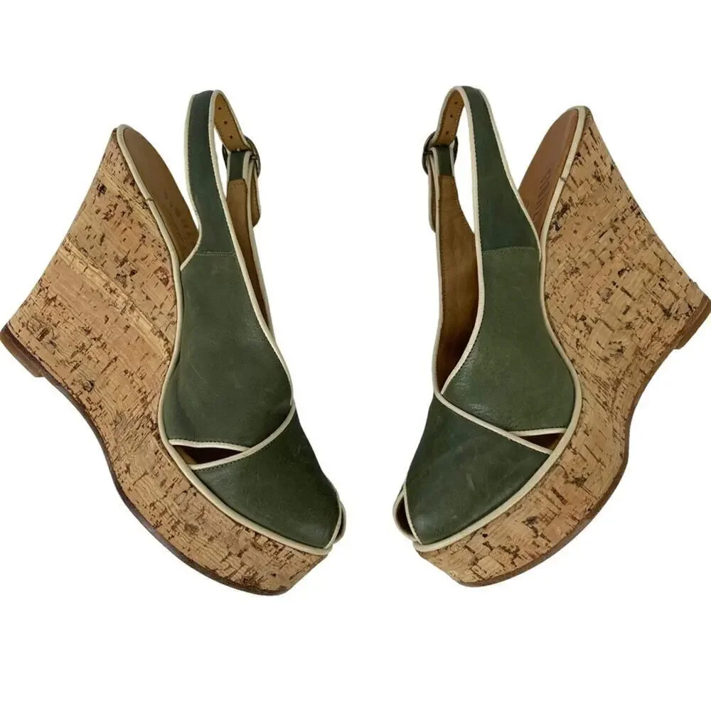 Fiorentini Baker Platform Cork Wedge Ankle Strap Green Leather Peep Toe Sandals